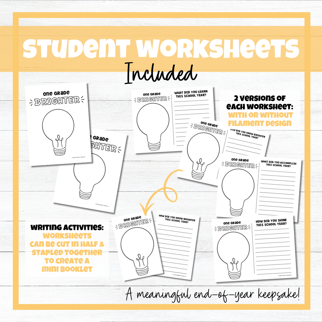 End of School Year Lightbulb Bulletin Board, Craftivity Flipbook, & Worksheets