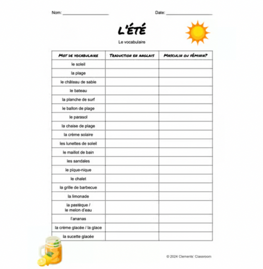 L'été - French Summer Vocabulary, Word Wall & Loto / Bingo