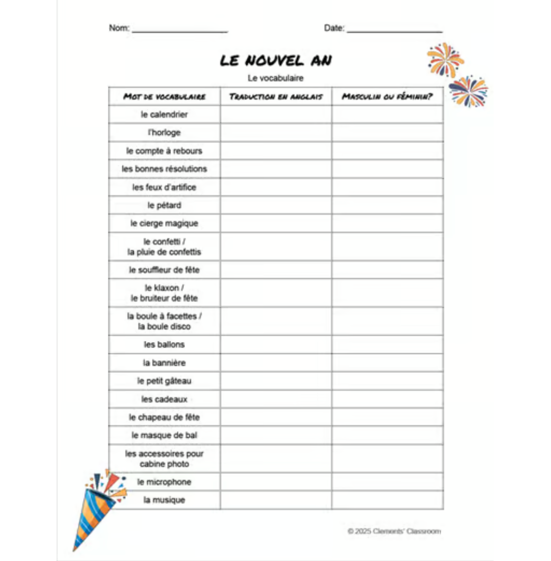 Le Nouvel An - French New Year's Vocabulary Activity, Word Wall & Loto / Bingo