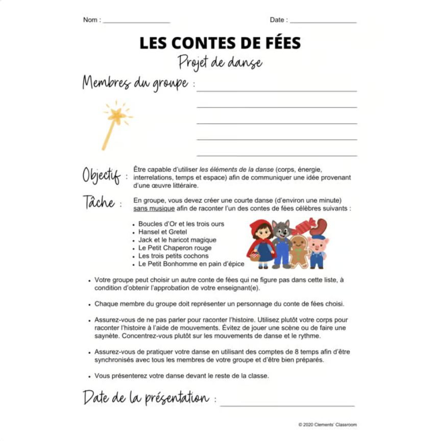 Contes de fées : Projet de danse - Fairy Tale Dance Assignment in French