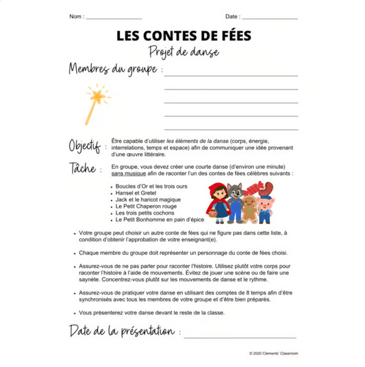 Contes de fées : Projet de danse - Fairy Tale Dance Assignment in French