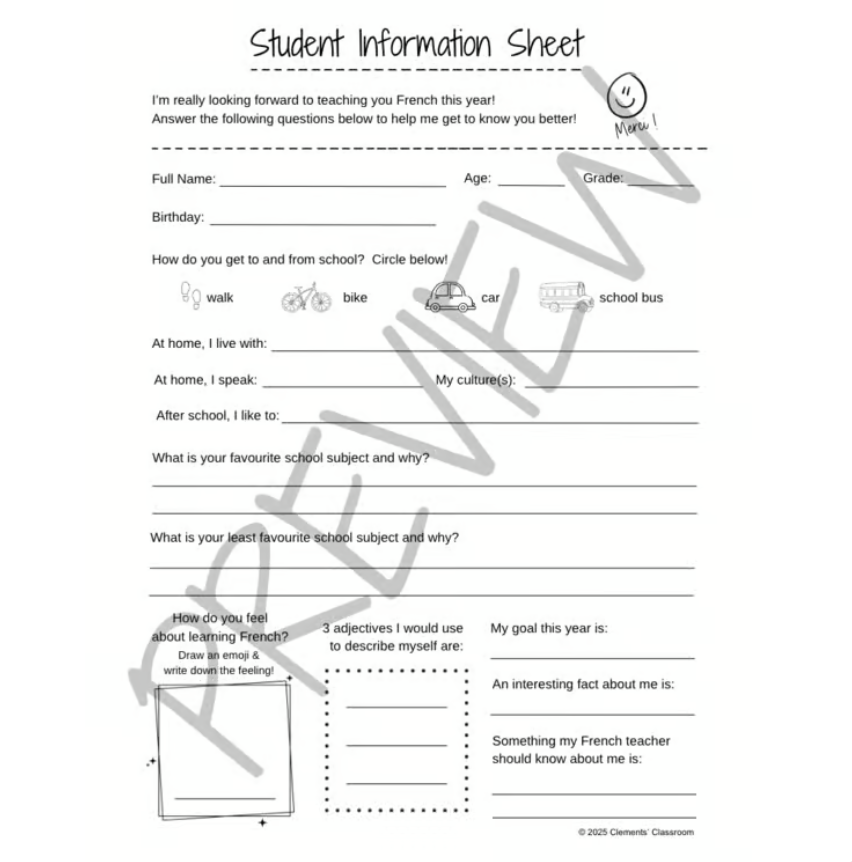 Student Information Sheet / Fiche d'information de l'élève for Back to School