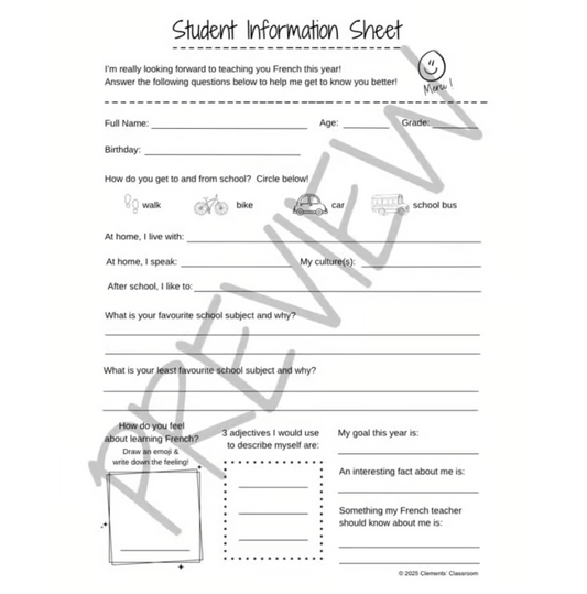 Student Information Sheet / Fiche d'information de l'élève for Back to School