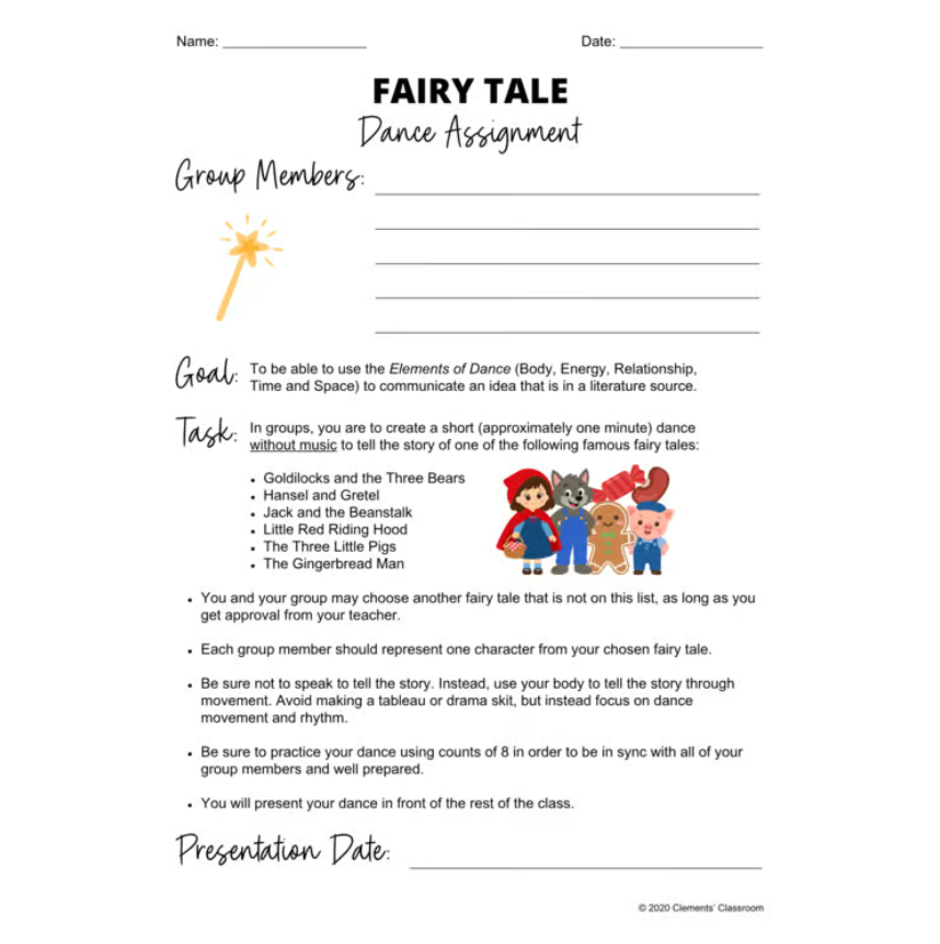 Fairy Tale Dance Assignment - Handout + Rubric