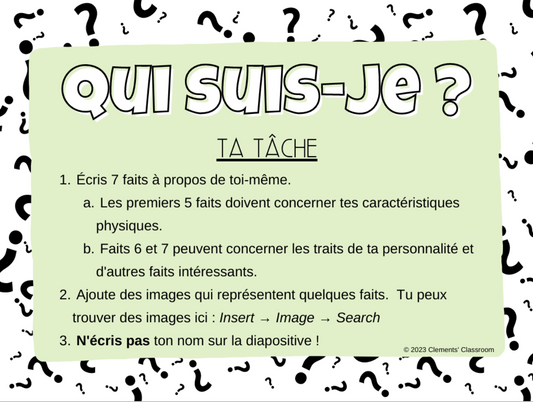 Qui suis-je ? - French Je me présente Google Slides™ Activity & Game