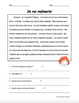 Je me présente - Me Voici - French All About Me - Reading Comprehension