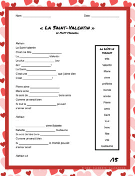 La Saint-Valentin - French Song/Chanson -Fill in the Blanks - Listening Activity