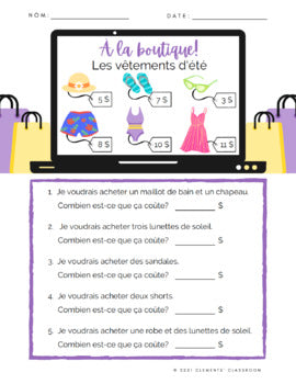 À la Boutique de Vêtements - At the Clothing Boutique - French Math Activity