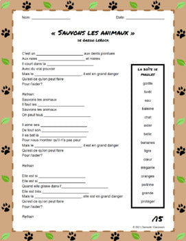 Les Animaux - French Songs / Chansons - Fill in the Blanks Listening Activities