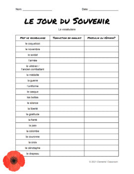 Le jour du Souvenir - French Remembrance Day Vocabulary Activity + Word Wall