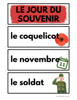 Le jour du Souvenir - French Remembrance Day Vocabulary Activity + Word Wall