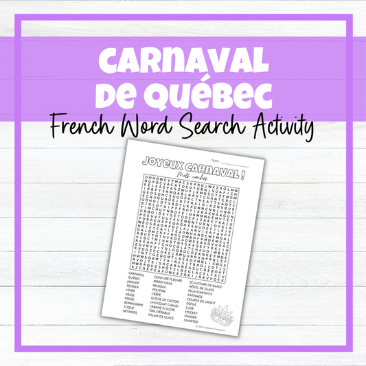 Carnaval de Québec mots cachés - Festival d'hiver - French Word Search Activity