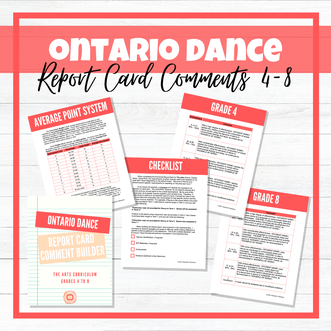 Ontario DANCE Report Card Comment Builder - Grades 4 to 8