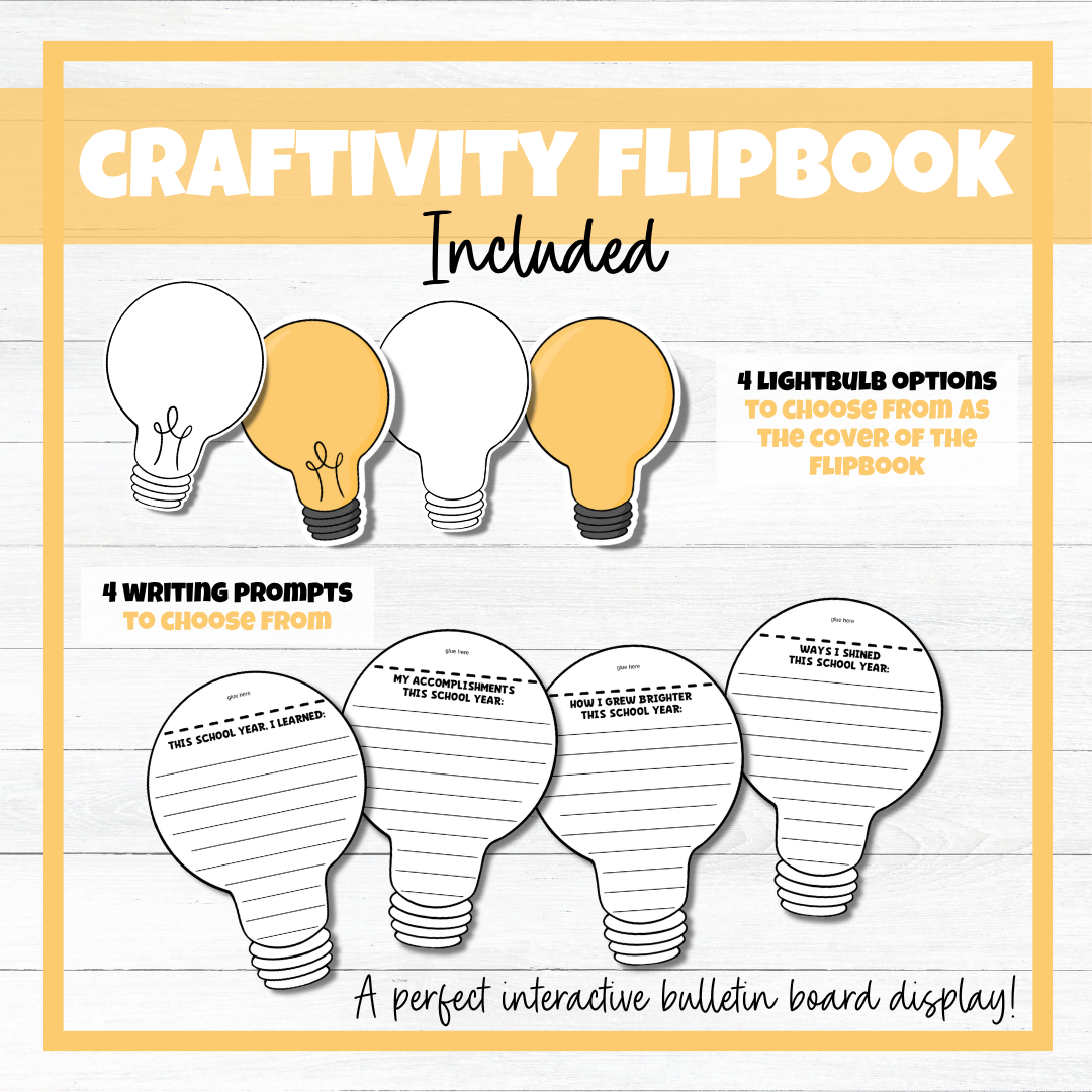 End of School Year Lightbulb Bulletin Board, Craftivity Flipbook, & Worksheets