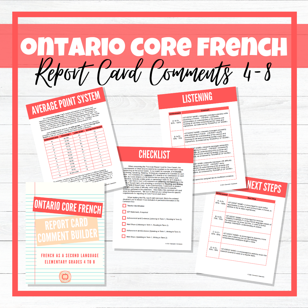 Ontario CORE FRENCH Report Card Comment Builder - FSL Elementary Grade ...