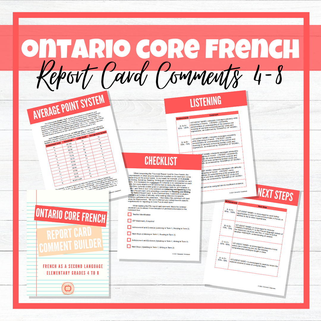 Ontario CORE FRENCH Report Card Comment Builder - FSL Elementary Grades 4 to 8