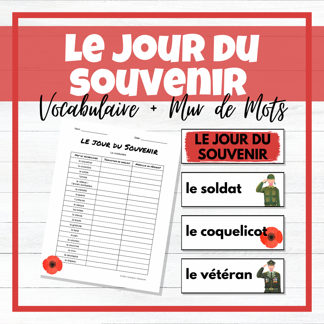 Le jour du Souvenir - French Remembrance Day Vocabulary Activity + Word Wall
