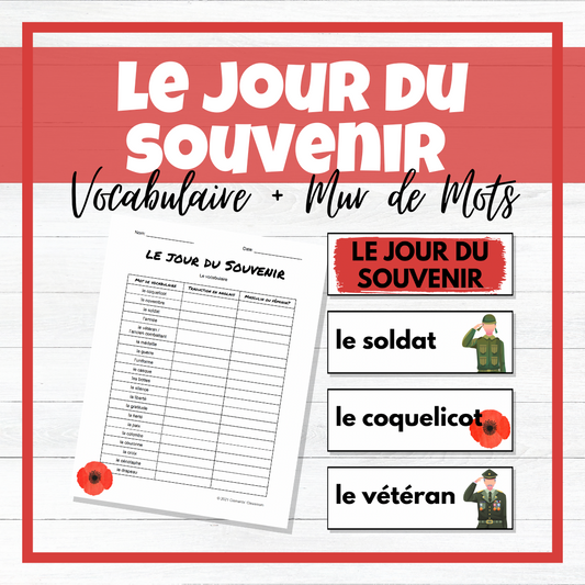 Le jour du Souvenir - French Remembrance Day Vocabulary Activity + Word Wall