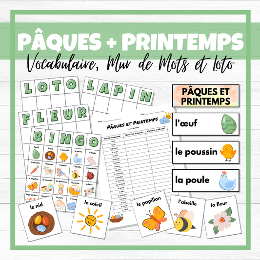 Pâques et Printemps - French Easter & Spring Vocabulary Activity, Word Wall + Loto/Bingo