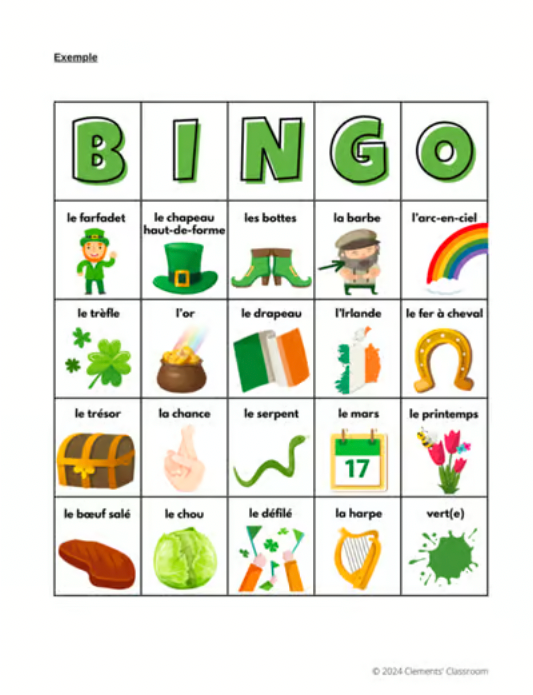 La Saint-Patrick - St. Patrick's Day - French Vocabulary Activity, Word Wall & Bingo