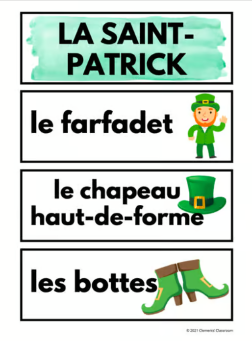 La Saint-Patrick - St. Patrick's Day - French Vocabulary Activity, Word Wall & Bingo