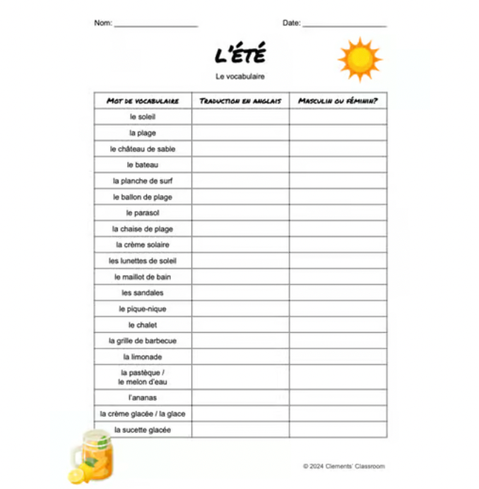 L'été - French Summer Vocabulary, Word Wall & Loto / Bingo