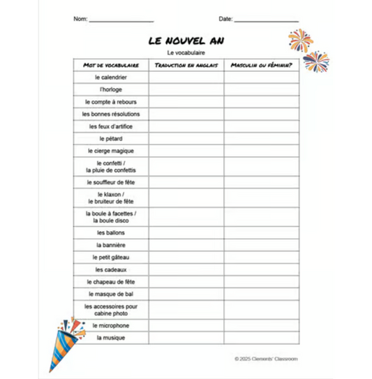 Le Nouvel An - French New Year's Vocabulary Activity, Word Wall & Loto / Bingo