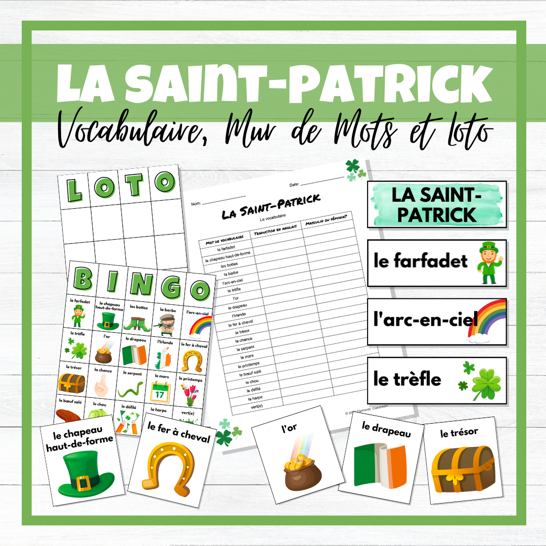 La Saint-Patrick - St. Patrick's Day - French Vocabulary Activity, Word Wall & Bingo