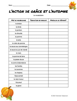 Action de grâce & Automne -French Thanksgiving Fall Vocab, Word Wall & Loto/Bingo