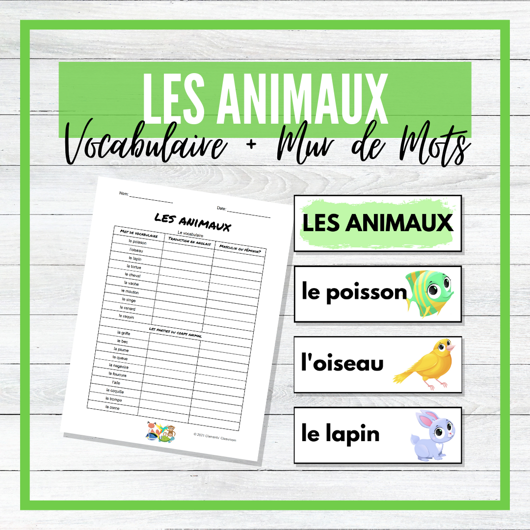 Les Animaux - Animals - French Vocabulary Activity + Word Wall