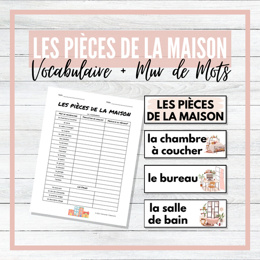 Pièces de la maison - Rooms of a House - French Vocabulary Activity + Word Wall