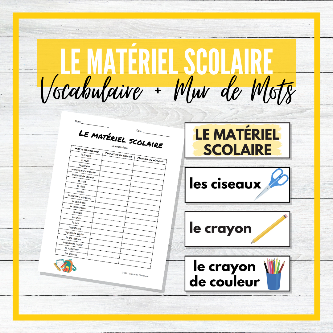 Matériel Scolaire School Supplies French Unit BUNDLE! Clements