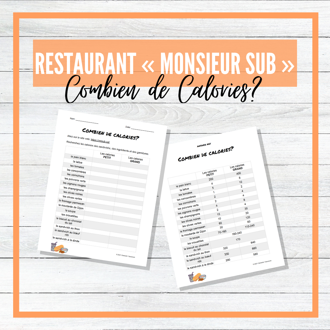 Au Restaurant « Monsieur Sub » - Combien de Calories? French Research Activity