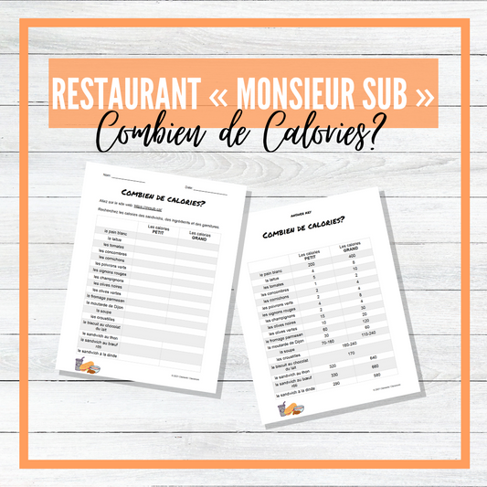 Au Restaurant « Monsieur Sub » - Combien de Calories? French Research Activity