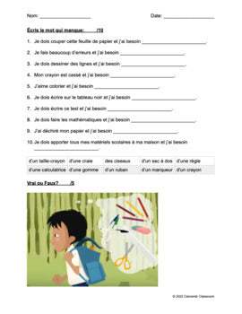 Le matériel scolaire - School Supplies - French Reading Comprehension Test