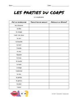 Les Parties du Corps - Body Parts - French Vocabulary Activity + Word Wall