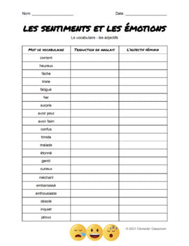 Sentiments et Émotions - Feelings - French Vocabulary Activity + Word Wall