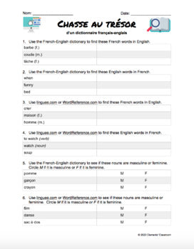 Dictionnaire - Chasse au trésor - French-English Dictionary Scavenger Hunt