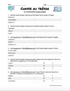 Dictionnaire - Chasse au trésor - French-English Dictionary Scavenger Hunt