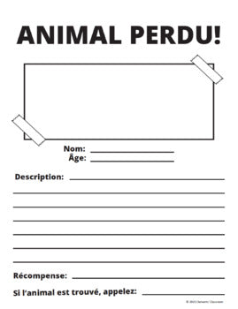 Animal Perdu Affiche - Lost Pet Poster - French Writing Task