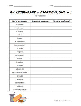 Au Restaurant « Monsieur Sub » - French Vocabulary Activities + Word Wall