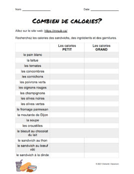 Au Restaurant « Monsieur Sub » - Combien de Calories? French Research Activity