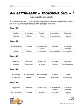 Au Restaurant « Monsieur Sub » - French Reading Comprehension Activity