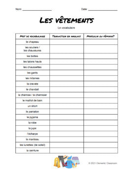 Les Vêtements - Clothing - French Vocabulary Activity + Word Wall