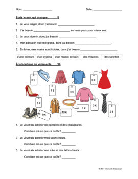 Vêtements - French Clothing - Reading Comprehension Test