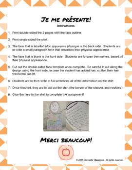 Je me présente - All About Me - English & French T-Shirt Writing Assignment