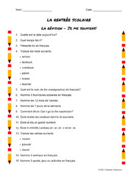 Rentrée Scolaire - Révision - Back to School French Review