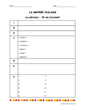 Rentrée Scolaire - Révision - Back to School French Review