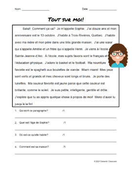 Je me présente - Tout Sur Moi - French All About Me - Reading Comprehension