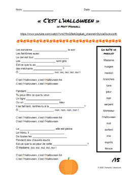 L'Halloween French Songs / Chansons - Fill in the Blanks - Listening Activities